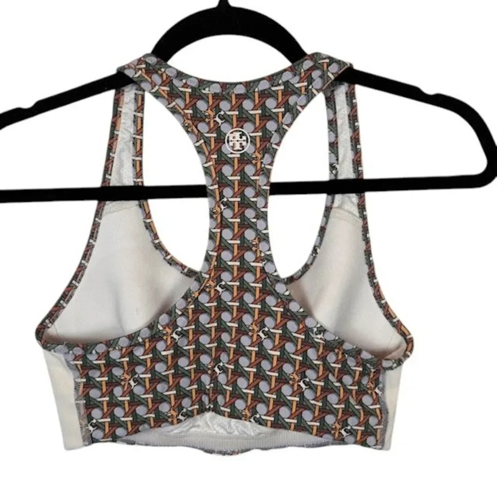 Tory Burch‎ Sport Logo Printed Side Stripe Racerback Bra Gray Green Size Small